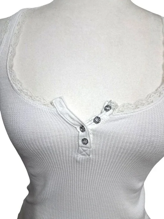 Aeropostale Henley Tank Top Lace Trim with Rhinestones Womens Size S White Waffl - Picture 2 of 10